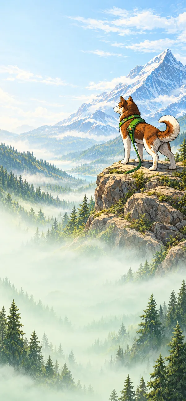 Ilustración de un husky con arnés verde mirando un valle de montaña con niebla