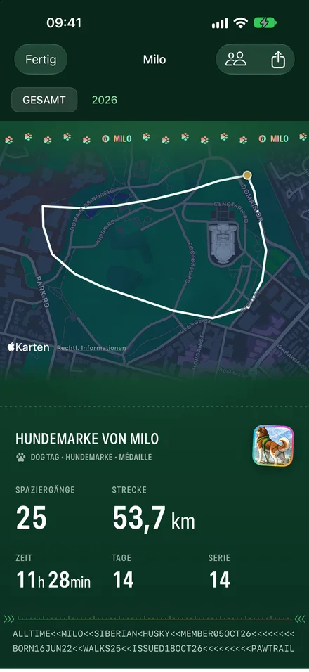 Milos Hundemarke in PawTrail: 25 Runden, 53,7 km, eine Serie von 14 Tagen und die Runde, die er am häufigsten geht