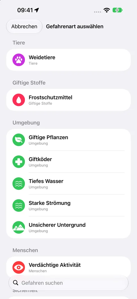 Die Liste der Gefahrenarten: Weidetiere, Frostschutzmittel, giftige Pflanzen, Giftköder, tiefes Wasser und mehr
