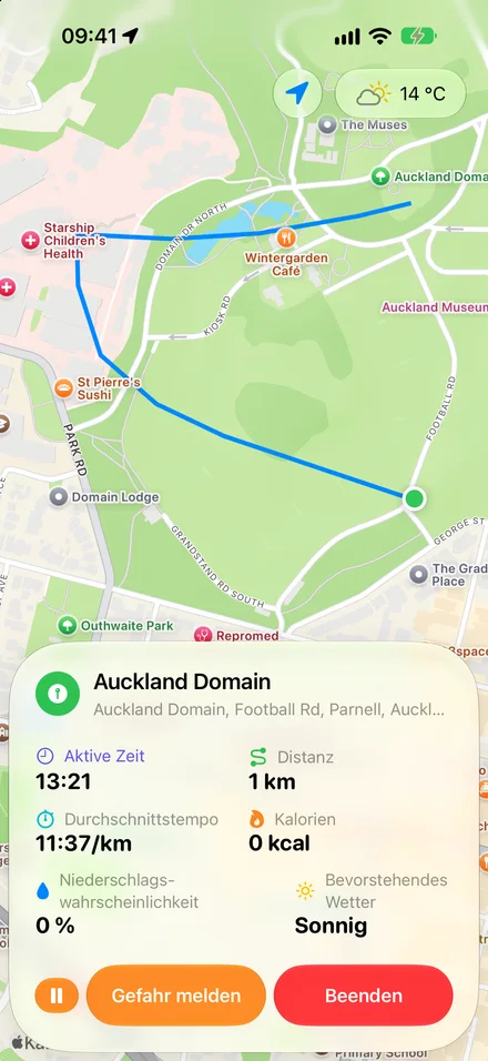 PawTrail zeichnet eine Runde auf: die Route auf der Karte mit Zeit, Distanz, Tempo und Wetter